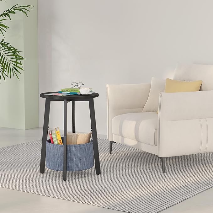 Small Round Side End Table Set of 2 with Cloth Storage Basket, Round Bedside Sofa Couch Coffee Tables for Small Places with Metal Frame, Modern Nighstands for Living Room Bedroom,Black