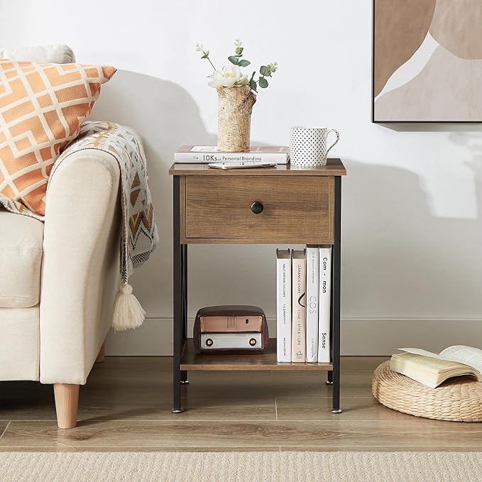 VECELO Nightstands Set of 2, Modern Bedside End Tables, Night Stands with Drawer and Storage Shelf for Living Room Bedroom, Industrial Metal Frame