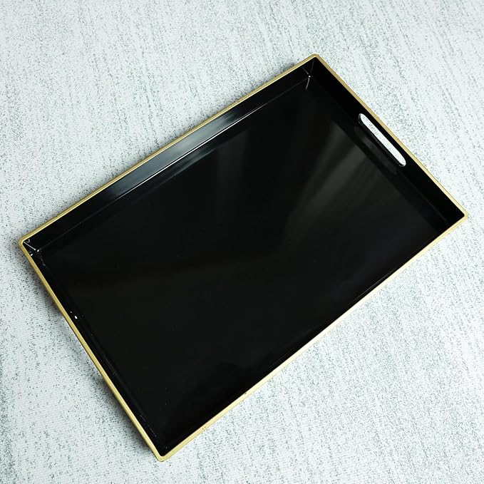Spsyrine Black Decorative Serving Tray with Handles, Elegant Plastic Coffee Table Tray for Ottoman, Living Room, Home Decor 15.6" X 10.2"