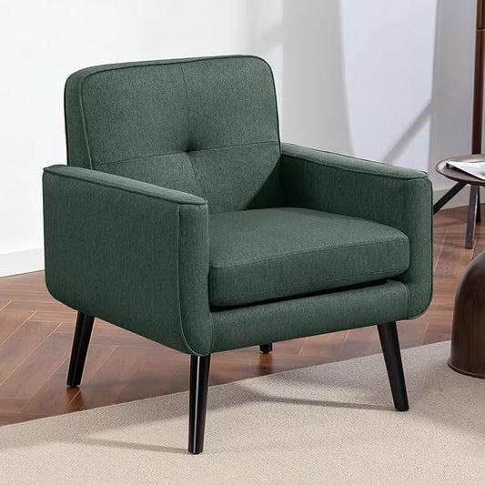 Mid Century Accent Chair, Fabric Modern Chair with Wooden Frame, Cozy Armchair Reading Chair with Comfy Back for Apartment, Living Room, Bedroom, Waiting Room, Small Space, Corner, Green