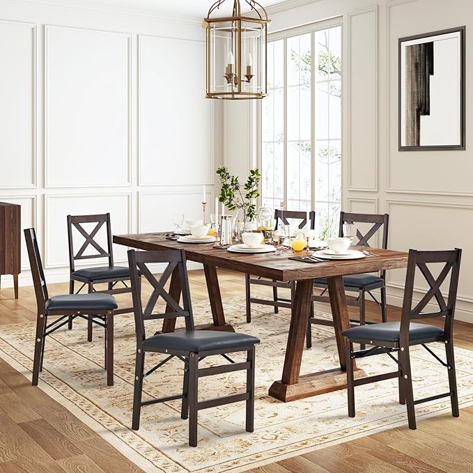 COLAMY Folding Dining Chairs Set of 6, Foldable Chairs with Padded Seats, Wood Folding Dining Room Chairs for Kitchen, Party, Camping, Dark Brown