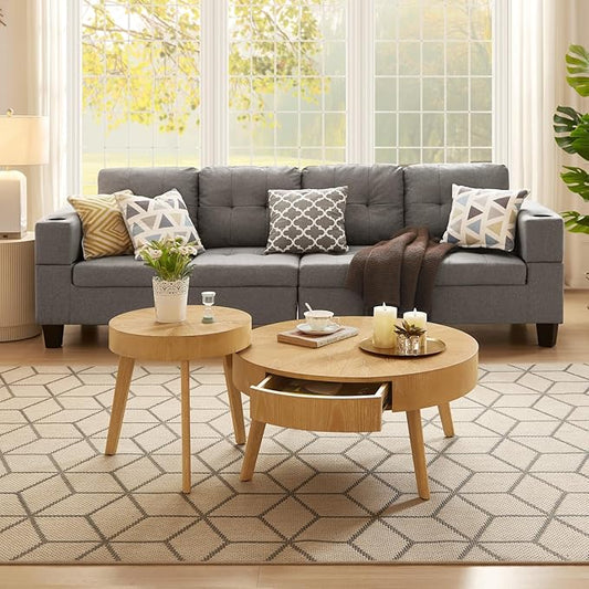 2 Piece Modern Farmhouse Coffee Table Set with Drawer, Boho Round Natural Real Wood Coffee Table for Living Room, Nesting Coffee Side Table Set with Radial Design, Light Brown