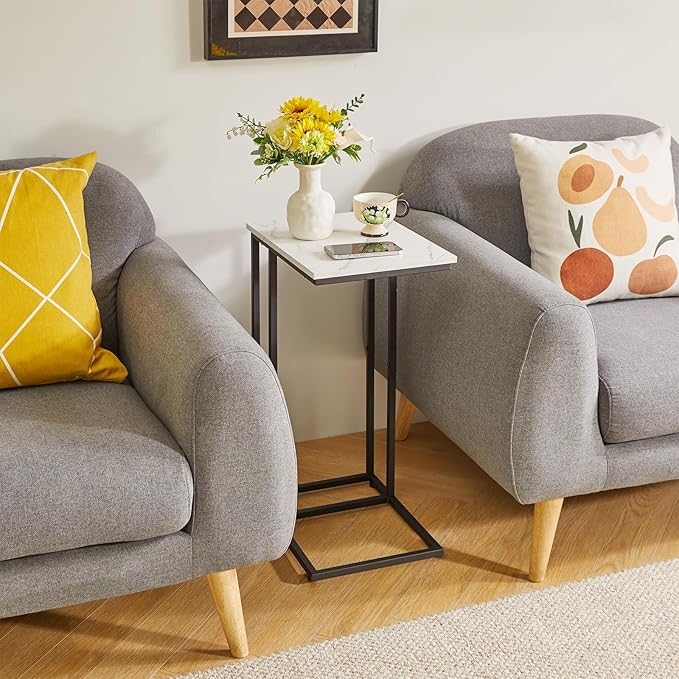 Side Table Small End Table C Shaped, Slide Under Laptop Desk for Couch, Living Room Side Table Set of 2, TV Trays for Eating on Couch, Faux Marble+Black YD-TM051B-2