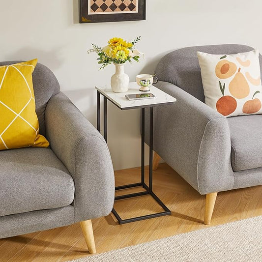 Side Table Small End Table C Shaped, Slide Under Laptop Desk for Couch, Living Room Side Table Set of 2, TV Trays for Eating on Couch, Faux Marble+Black YD-TM051B-2