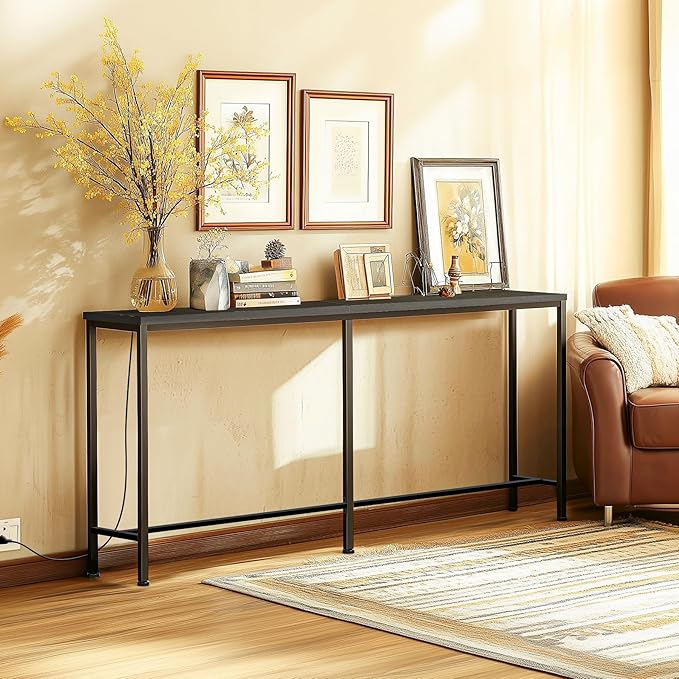 70 Inch Console Table with Outlet, Sofa Table with Charge Station Long Entryway Table for Office, Hallway, Bedroom, Living Room(Charcoal Black)