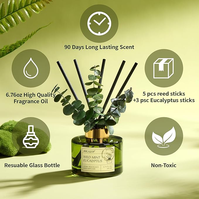 Airkeep Reed Diffuser Set with 6.76 fl oz Wild Mint & Eucalyptus Scent Essential Oils and 3 Leaves & 8 Diffuser Sticks,Bathroom Shelf Decor & Air Freshener, House Bedroom Office Decor & Gifts