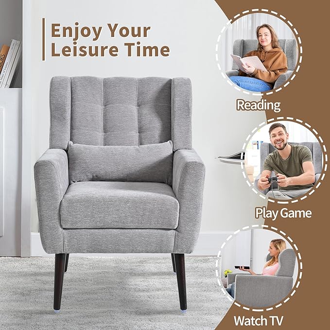 Modern Accent Chair, Upholstered Arm Chair with Waist Pillow, Single Sofa Chair for Living Room Bedroom Small Spaces (Light Gray)