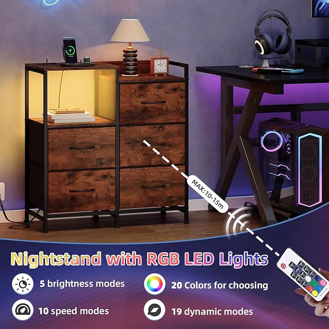 Somdot Nightstand with Charging Station and LED Light, Wide 5 Drawers Dresser for Bedroom with Fabric Bins and Open Shelf for Bedroom Kids Closet Dorm Guest Room, Wood Grain Print