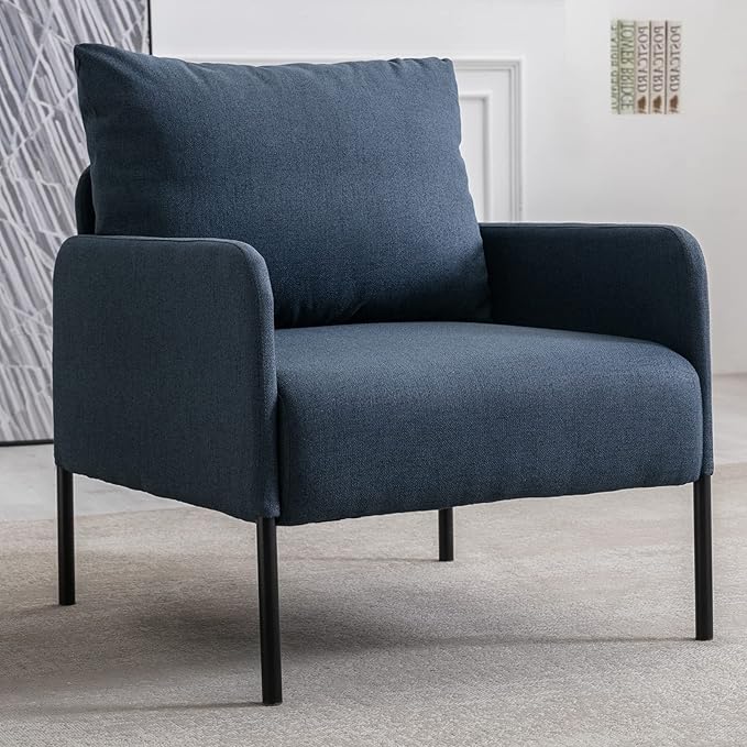Linen Fabric Living Room Accent Chairs Bedroom Single Sofa Chair, Upholstered Reading Arm Chair Modern Couch w/Comfy Pillow for Waiting Room/Apartment/Dorm, Blue