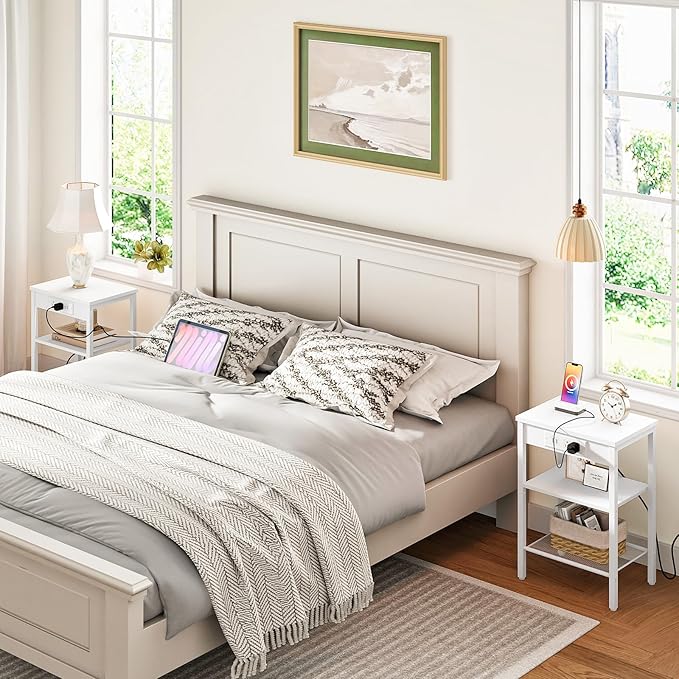 HOOBRO Side Tables Set of 2 with Charging Station and USB Ports, Small End Tables for Small Space, 3-Tier Nightstands with Adjustable Shelf, for Living Room, Bedroom and Balcony, White WW112BZP201