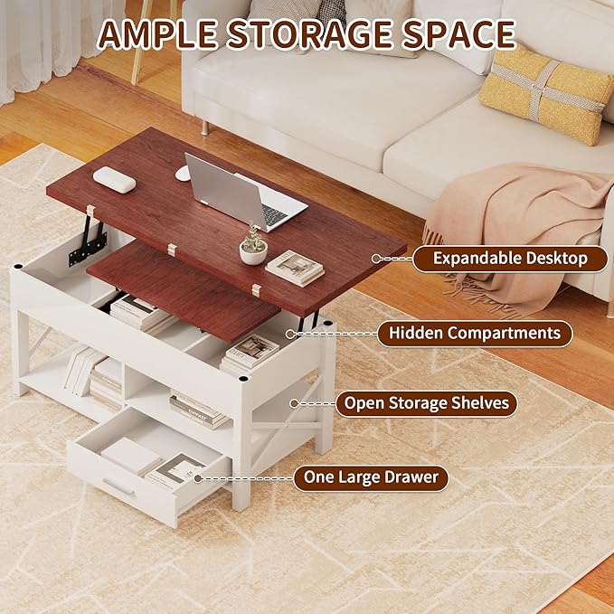 Lift Top Coffee Table with Storage, Convertible Coffee Table Converts to Dining Table, Center Table with Drawer and Hidden Compartment, Farmhouse Coffee Tables with Lifting Top for Living Room, White