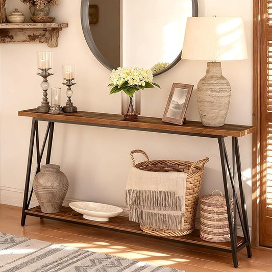 63" Solid Wood Entryway Table Narrow with Shelves, 2-Tier Storage Long Couch Table Behind Sofa Console Tables for Living Room, Entrance, Hallway, Foyer(Rustic Brown,63"x9.8"x31.5")