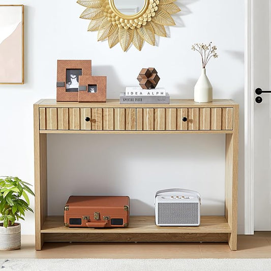 AVZEAR Entryway Console Table with Fluted Drawers, Mid Century Entryway Table with Storage, 43" Long Couch Behind Sofa Narrow Tables for Living Room Hallway Entrance, Natural