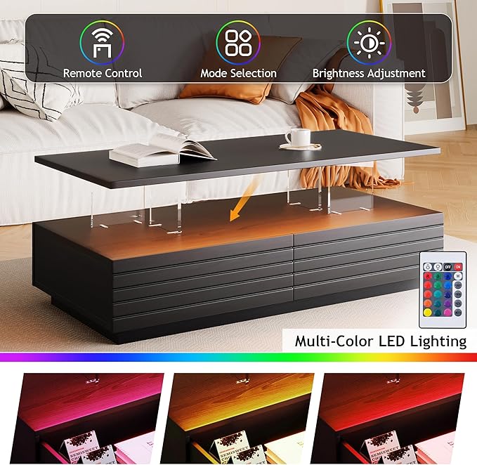 Modern Black Rectangular LED Lights Coffee Table with 2 Drawers in 47.2"