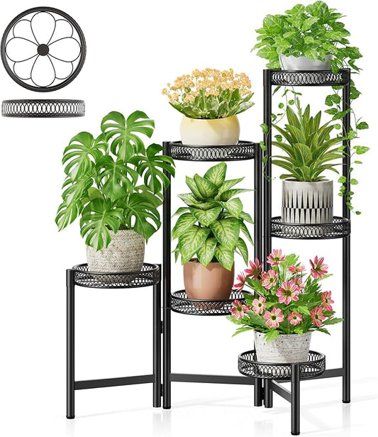 6 Tier Large Plant Stand Indoor with 7.9-Inch Wide Drainage Tray, Tiered Corner Metal Outdoor Flower Display Holder Shelf, Folding Tall Rack for House Patio Porch Balcony Graden - BlackFlower