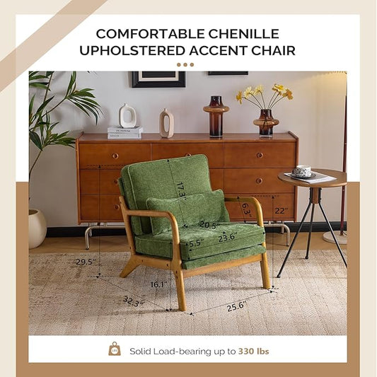 VINGLI Chenille Mid-Century Modern Accent Chair Set of 2, Cute Reading Arm Chair with Cushion & Lumbar Pillow & Solid Wood Frame for Lounge, Living Room, Reading Room, Bedroom, Olive-Green