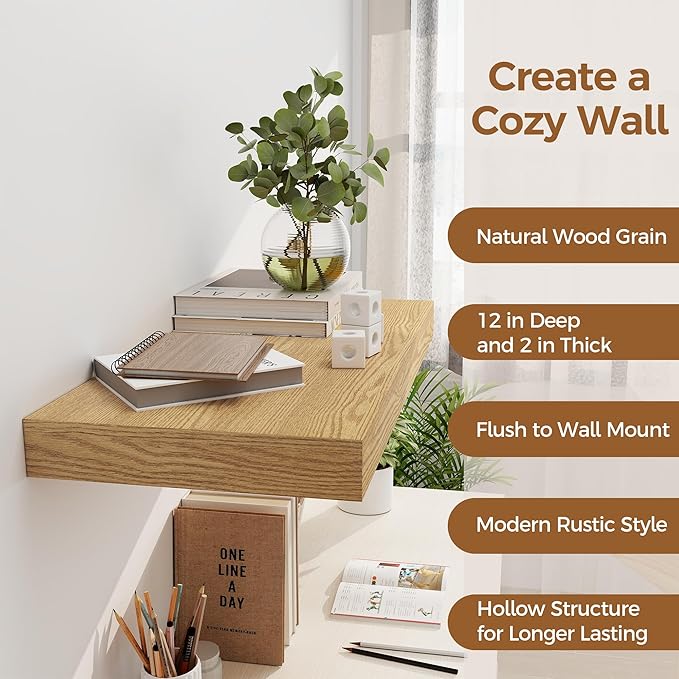 12 Inch Deep Floating Shelves, 24 x 12 Floating Shelf for Books, Rustic Wood Deep Wall Shelves for Home Storage & Display, 2" Thicked Shelves for Kitchen, Living Room, Bedroom, Oak Color, 1 Pack