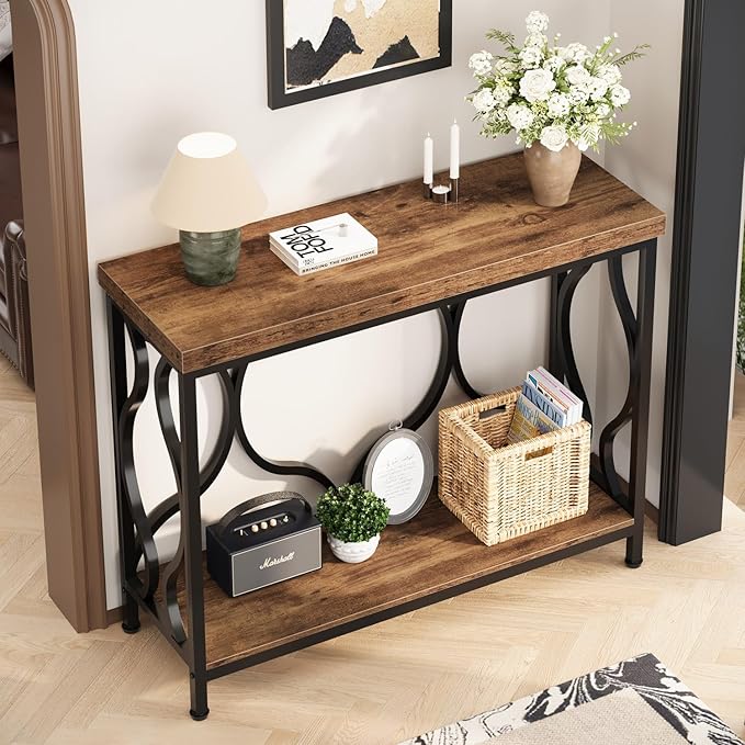IBF 39.4" Narrow Console Table, Farmhouse Entryway Table in Living Room Hallway Foyer Entrance, Industrial Wood Metal Sofa Table Entry way Behind Couch Tables with 2-Tier Storage Shelves, Rustic Brown