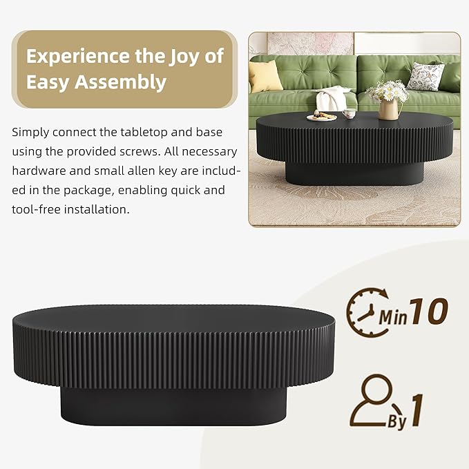 43.3 Inch Oval Drum Coffee Table, Modern Handcraft Fluted Drum Coffee Table, Wooden Oval Center Table Cocktail Table with Stable Pedestal for Living Room Apartment (Black)