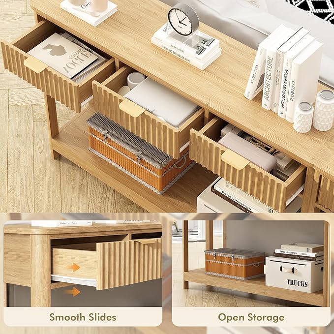 Set of 2 Console Table with Drawers, Modern 47.1" Entryway Table with Storage Shelf, Boho Narrow Skinny Behind Couch Wood Sofa Table for Living Room Hallway Entrance Foyer,Natural