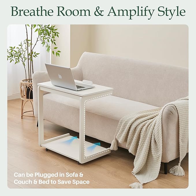 C Shaped Rolling End Table with Wheels - Solid Wood Side Table for Couch, Wooden Modern Tv Tray Bedside Tables for Sofa Armchair Living Room Bedroom, White, 15.4 in x 23.6 in x 24.8 in