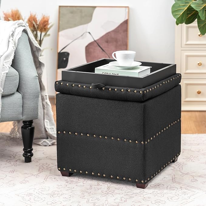 Adeco 18" Black Square Storage Ottoman with Tray, Small Cube Ottoman Coffee Table with Decorative Fashion Paris Nails, Dorm Room, Bedroom, or Living Room
