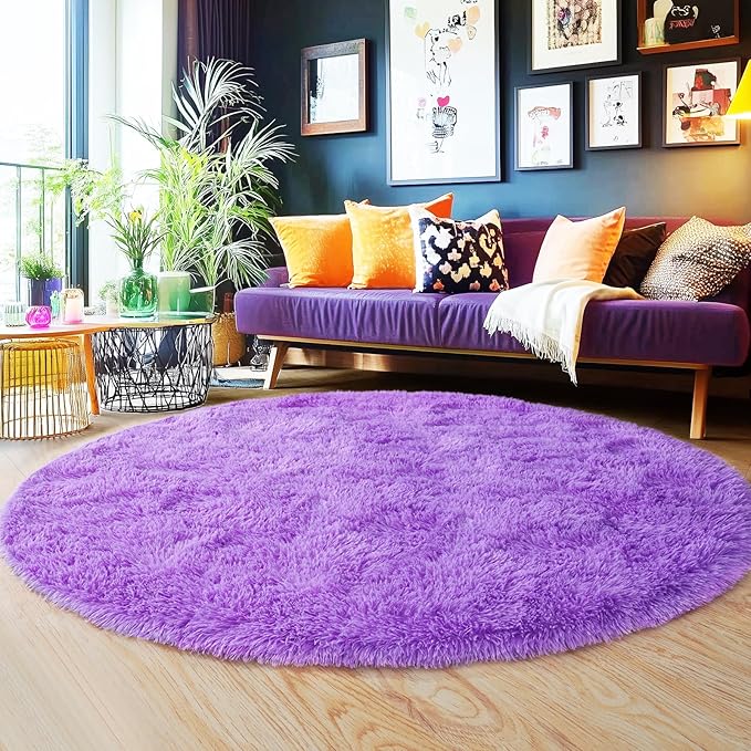 6‘x6’ Purple Round Rug for Bedroom, Ultra Soft Fluffy Circle Rug for Kids Girls Boys Room, Cute Shag Rugs for Living Room Playroom Teen Room Home Decor Rug