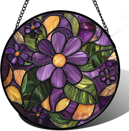 Stained Glass Window Hanging, Purple Green Flowers Sun Catcher for Door Home Decor Plants Suncatcher Christmas Mother's Day Birthday Gifts for Women Men Mom and Nana 11.8 in