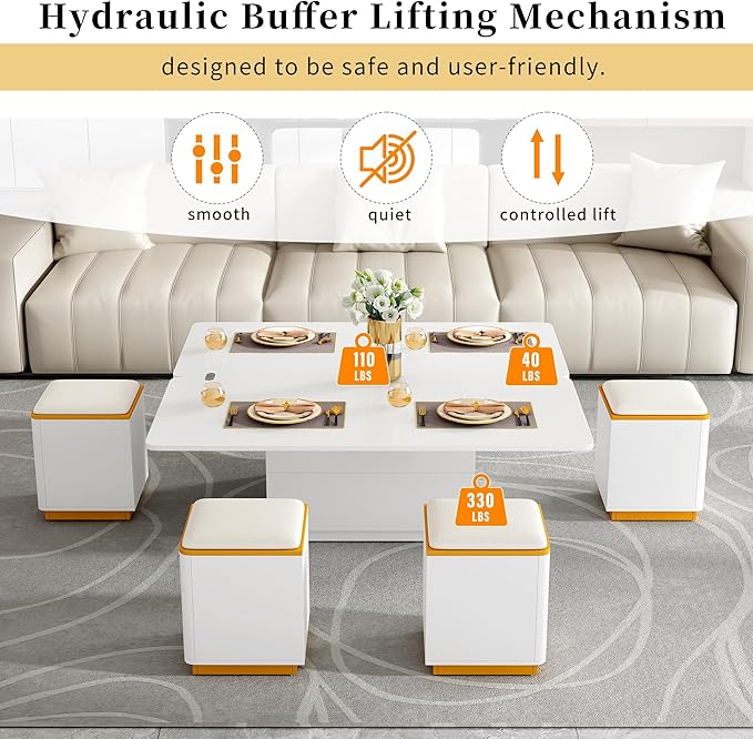 Lift Top Coffee Table with 4 Storage Stools and Foldable Top, Modern 47.2'' Rectangular Multi-Functional Adjustable Dining Table Task Table with Hidden Compartment for Living Room, White