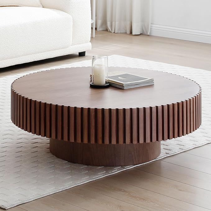 39.37'' Round Coffee Table for Living Room, Modern Wood Nesting Coffee Table Handcraft Circle Fluted Drum Coffee Table, Easy Assembly