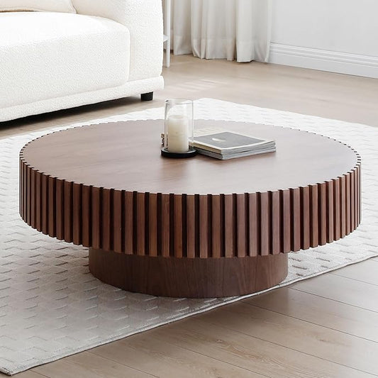 39.37'' Round Coffee Table for Living Room, Modern Wood Nesting Coffee Table Handcraft Circle Fluted Drum Coffee Table, Easy Assembly