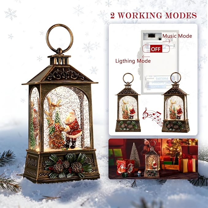Christmas Lantern,Christmass Snow Globe Lantern Lights with 8 Christmas Songs,Battery & USB Powered,Christmass Snow Swirling Glitter Water Globe Lanterns for Xmas Home Decoration Holiday Party Gifts.
