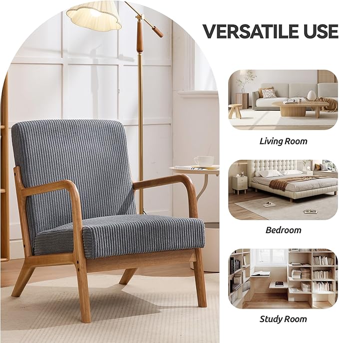 Mid Century Modern Corduroy Accent Chair, Living Room Chairs with Lumbar Pillow Boho Arm Chiar Reading Chair with Solid Wood Frame for Living Room Bedroom