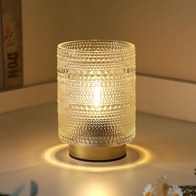 Small Decorative Aesthetic Lamp with Timer for Shelf/Bedside/Coffee Table Decor,Battery Operated Cordless Table Lamps with LED Warm Bulb for Dorm/Office/ Patio/Entryway/Mantle/Table Decor(Clear)