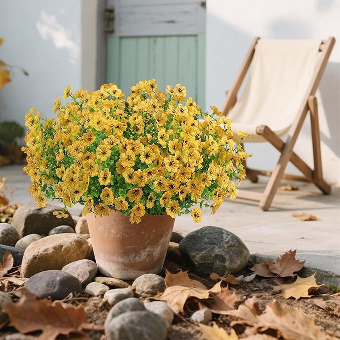 12 Bundles Artificial Flowers for Outdoors Indoor Fall Flowers Home Decoration, Fake Mums Silk Yellow Flower Plant for Outside, Realistic Plastic Flower UV Resistant Faux Mums for Garden Autumn Decor