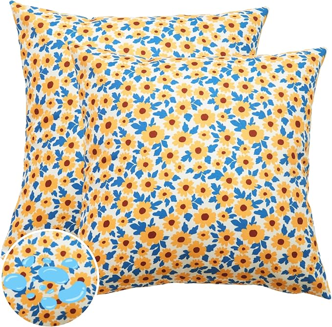 Sunflower Floral Outdoor Pillows Waterproof for Patio Furniture 18x18 Set of 2 Yellow Decorative Pillow Covers for Couch Porch Chair Bench Reversable Cottage Farmhouse Pillow Cases Gold