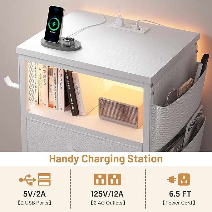 EnHomee Tall Night Stand with 5 Drawers, LED Nightstand with Ports & Outlets, White Dresser with Extra Side Bag & Storage Shelf & Hooks, Bedroom, Dorm, Closet