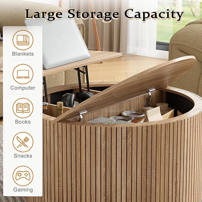 Round Fluted Lift Top Coffee Table, Mid Century Modern Center Table with Storage and Compartment, 2 Tier Small Circle Dining Table, for Living Room, Home Small Space, Natural