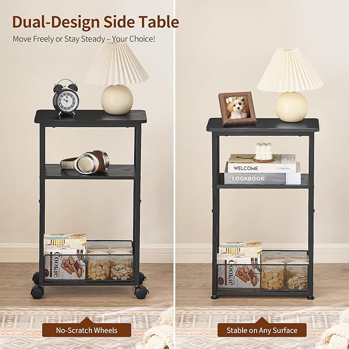 Side Table with Wheels of 2, Narrow Side Table with 3-Layer Storage Shelves, Slim Nightstand, Metal Frame, for Small Spaces, Living Room, Bedroom, 7.9" W x 15.7" D x 25.2" H, Black