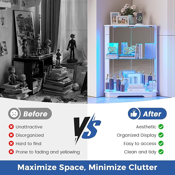 Corner Cabinet with Glass Doors, Small Storage Cabinet with LED Lights and Charging Station, 2-Tier Curio Cabinet with Storage for Living Room, Bedroom or Kitchen, White