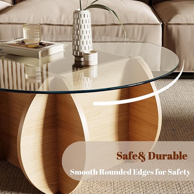 Honyee Round Glass Coffee Table, 30.7" Small Coffee Table with Tempered Glass Top and Wood Grain Base, Modern Circle Coffee Table for Living Room, Easy Assembly, Black