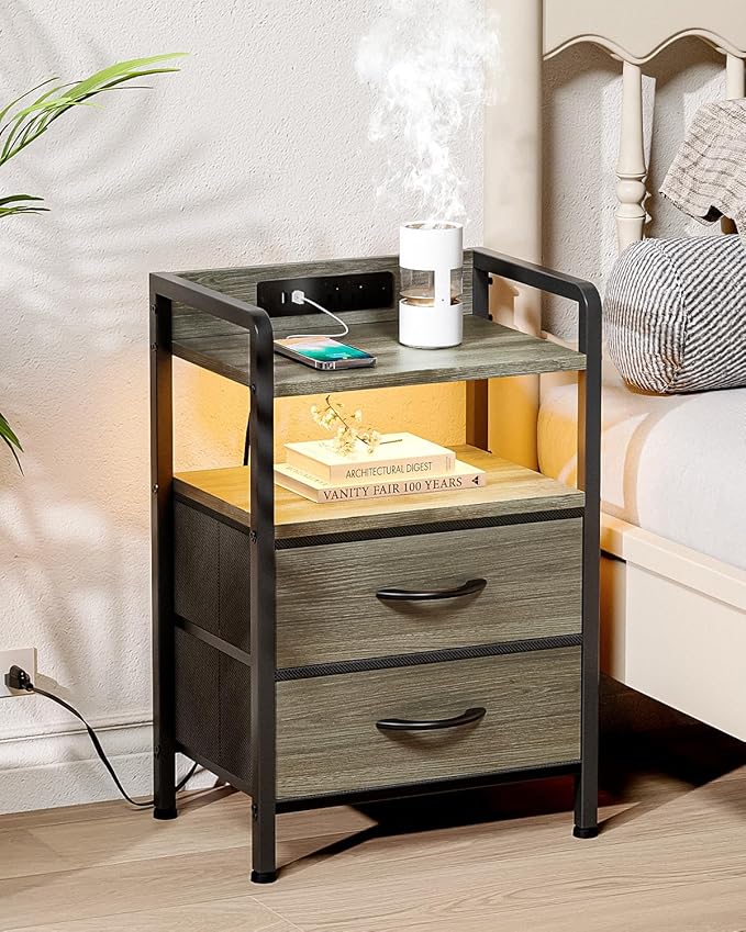 Night Stand Bedside Charger Bedroom - Grey Nightstand with Charging Station & LED Light Strip, Morden End Table with USB Ports & AC Outlets, Night Stand with Storage Shelf & 2 Fabric Drawers