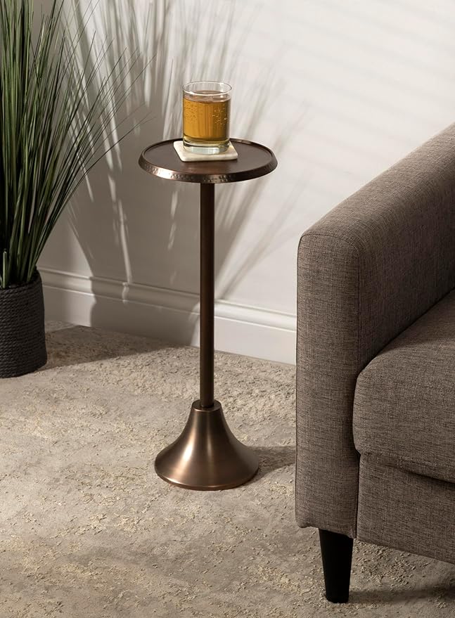 Kate and Laurel Sanzo Modern Pedestal Drink Table, 9 x 9 x 23, Bronze, Decorative End Table with Hammered Tabletop