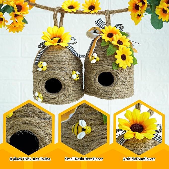 Bigger Bee Hive Decor,2 Pack Bumble Bee Rustic Decor,Natural Bee House, Bumble Bee Theme Party Decor Spring Summer Rustic Farmhouse Kitchecn Table Decor, Honeybee Tiered Tray Decor