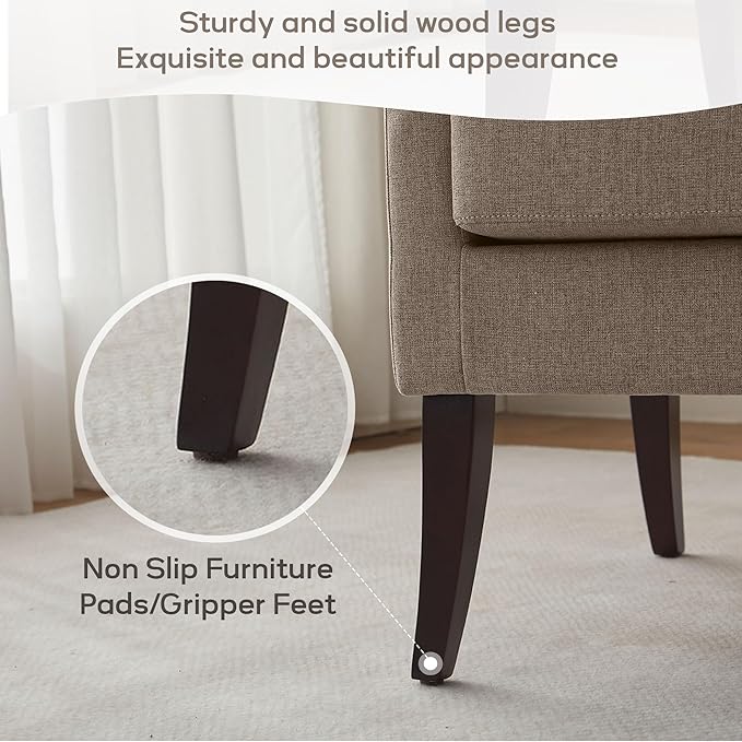 High Back Accent Chair, Fabric Living Room Chairs, Comfy Upholstered Armchair with Wooden Legs for Living Room, Bedroom, Apartment (1, Brown)