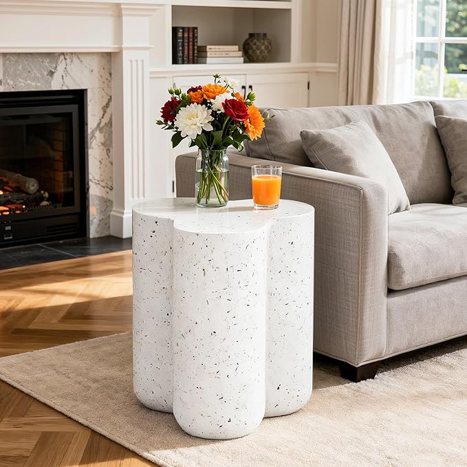 18” Side Table, Modern Outdoor Accent Table with Painted Faux Terrazzo-Look, Durable Lightweight Coffee Table Art Decor, Outside Garden Stool with Weatherproof MGO for Indoor Porch Garden