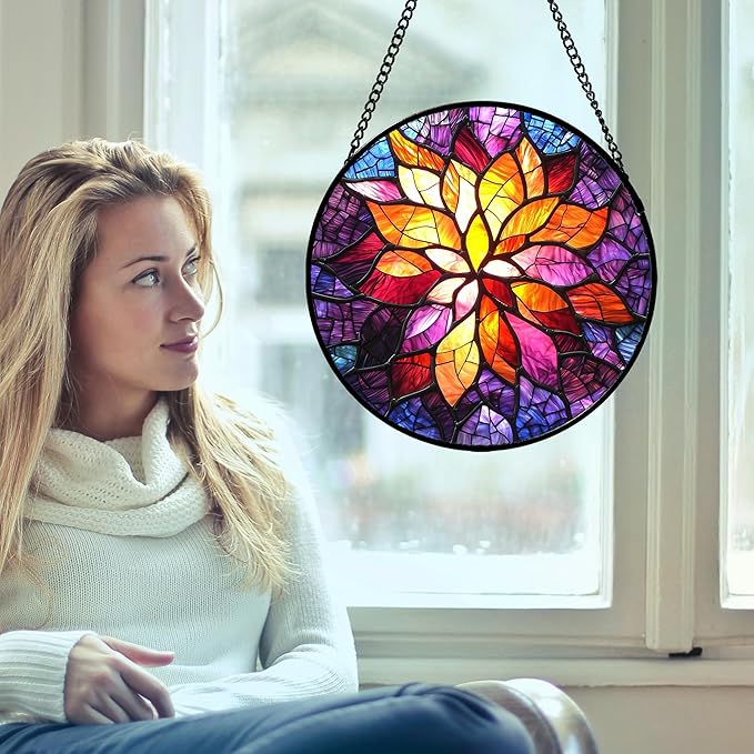 Stained Glass Window Hanging, Fuchsia Abstract Flowers Suncatcher for Window Home Decor Orange Sun Catcher Mother's Day Birthday Gifts for Women Men Mom Nana 15 in