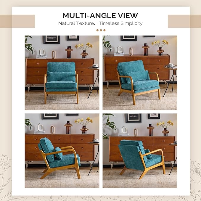 VINGLI Chenille Mid-Century Modern Accent Chair Set of 2, Cute Reading Arm Chair with Cushion & Lumbar Pillow & Solid Wood Frame for Lounge, Living Room, Reading Room, Bedroom, Turquoise