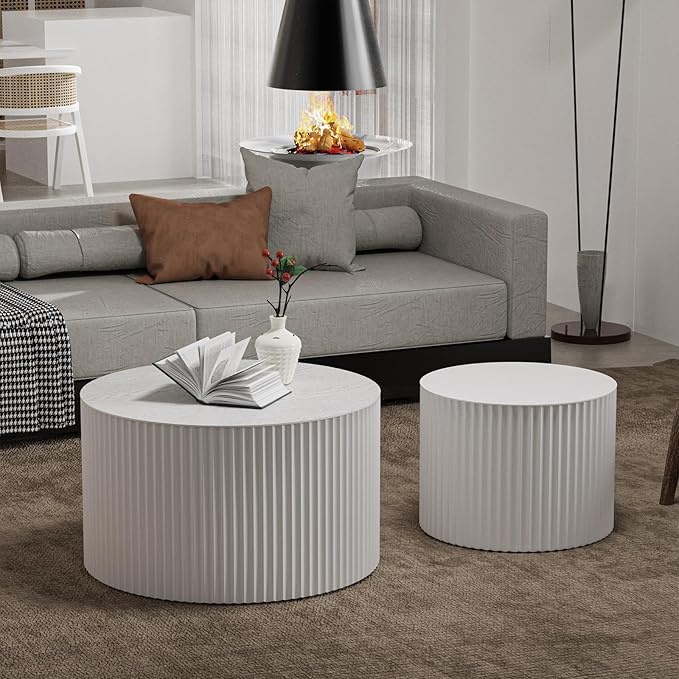 Round Nesting Coffee Table Set of 2 Handcraft Circle Fluted Nesting Coffee Tables Circular Side Table Drum Accent End Tables for Living Room Bedroom (White A Small)