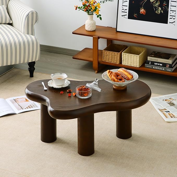 34"(L) Cloud Coffee Table, Modern Wood Coffee Table for Living Room, Accent Unique Center Tables with 3 Legs, Small Tea Tables for Balcony, Patio, Bedroom, Walnut